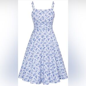 Chic Blue Floral Midi Dress with Pockets